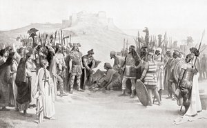 El encuentro de Aníbal con los Ceutrones, una tribu celta de la antigua Galia, durante su cruce de los Alpes en 218 a.C., de la Historia de las Naciones de Hutchinson, pub.1915 de English School