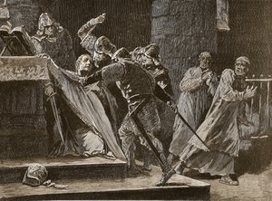 El asesinato de Becket en la Catedral de Canterbury, ilustración de Cassells Illustrated History of England