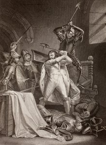 El asesinato de Ricardo II de Inglaterra en el castillo de Pontefract en 1400 (litografía)