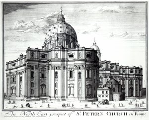 La perspectiva noreste de la Iglesia de San Pedro, Roma, grabado por H. Hulfbergh de English School