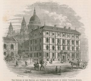 Las oficinas de la Sociedad Bíblica Británica y Extranjera en Queen Victoria Street, Londres de English School