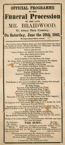 El programa oficial de la procesión fúnebre del difunto Sr. Braidwood, Superintendente del Cuerpo de Bomberos de Londres de English School