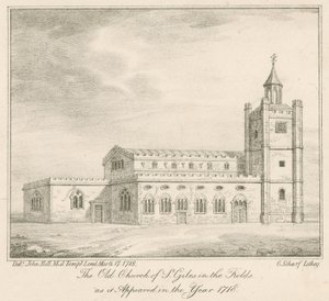 La antigua iglesia de St Giles en el Campo, Londres, como apareció en el año 1718 de English School