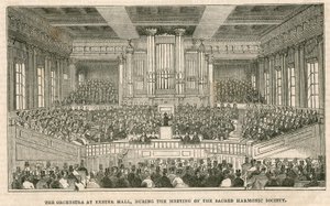 La orquesta en Exeter Hall, Londres, durante la reunión de la Sociedad Armónica Sagrada