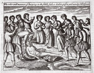 El orden y la manera de enterrar en los campos a los que murieron en prisión, y en particular, Will Wiseman, ilustración de Hechos y Monumentos de John Foxe, novena edición, pub. 1684 de English School