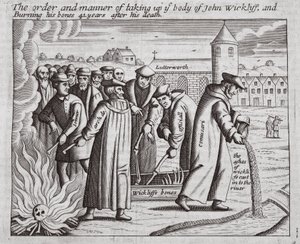 El orden y la manera de levantar el cuerpo de John Wickliff y quemar sus huesos 44 años después de su muerte, ilustración de Hechos y Monumentos de John Foxe, novena edición, pub. 1684