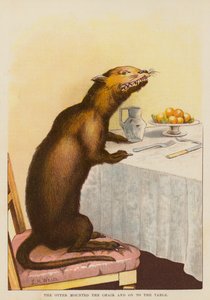 La nutria se subió a la silla y a la mesa (litografía en color) de English School