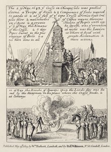 La demolición de la Cruz de Cheapside por iconoclastas y puritanos, y la quema del Libro de Deportes el domingo siguiente en mayo de 1643 de English School