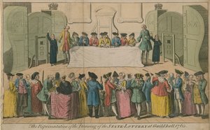 La representación del sorteo de la Lotería Estatal en Guildhall, 1763 de English School