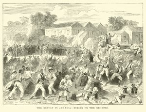La revuelta de Jamaica, disparando contra los negros (grabado)