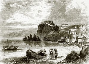 La roca y la ciudad de Scylla, costa de Sicilia de English School