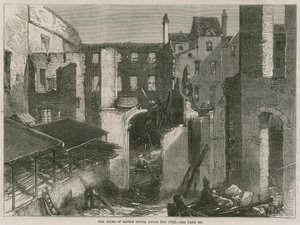 Las ruinas de Savile House, Leicester Square, Londres, después del incendio de English School