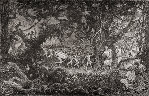 Los exploradores de la Expedición de Socorro Emin Pasha de Sir Henry Morton Stanley, en África en 1888, descubren a unos pigmeos llevándose una caja de municiones, publ. 1890.
