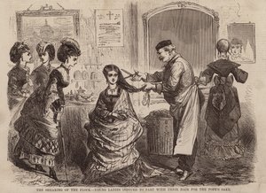 El esquileo del rebaño, jóvenes inducidas a desprenderse de su cabello por el Papa (grabado)