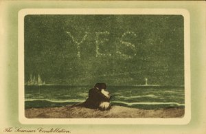 Las constelaciones de verano: amantes en una playa de noche mirando las estrellas de English School