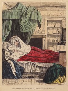 La cabeza de la mujer adolescente, asomando desde su cama (litografía en color) de English School