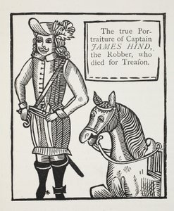 El verdadero retrato del Capitán James Hind, el ladrón, que murió por traición, ilustración de Chap-books del siglo XVIII de John Ashton, pub. 1882 de English School