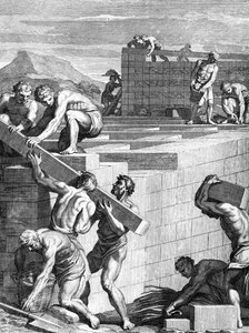Las murallas de las ciudades entre los galos están construidas con cursos alternos de piedras y vigas, ilustración de los Comentarios de César traducidos al inglés por William Duncan de English School