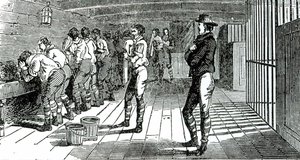 La sala de lavado bajo cubierta - sindicalistas condenados siendo transportados a Australia, ilustrado en Los Mártires de Tolpuddle, publicado por el Congreso de Sindicatos, 1834
