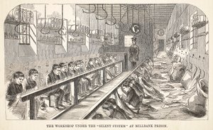 El taller bajo el sistema silencioso en la prisión de Millbank, ilustración de Las prisiones criminales de Londres y escenas de la vida en prisión de Henry Mayhew y John Binny, pub. 1862