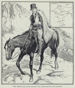 "El hombre herido, sobre su caballo exhausto, cabalgando solo desde las montañas" (litografía) de English School