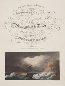 "Cosas intentadas aún", Milton, frontispicio de "El arte aeroplústico, o la navegación en el aire, mediante el uso de cometas o velas flotantes, pub. 1827 (aguafuerte coloreado a mano)