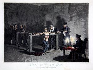Tercer grado de tortura de la Inquisición, grabado por L.C. Stadler, publicado por Cadell & Davies, Londres, c.1813 (grabado en color) de English School