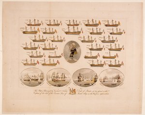 Esta placa está patrocinada por el vizconde Nelson, duque de Bronte, quien ha asistido en la captura de 26 barcos de línea de batalla enemigos en la guerra de 1793 a 1805