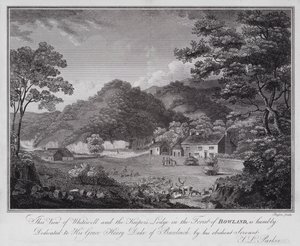 Esta vista de Whitewell y la casa del guardabosques en el bosque de Bowland, está humildemente dedicada a Su Gracia Henry Duque de Buccleuch, por su obediente servidor J L Parker de English School