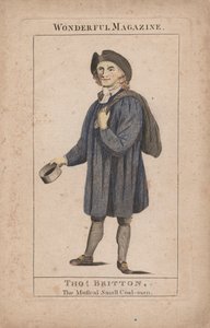 Thomas Britton: El Pequeño Hombre del Carbón Musical, ilustración de Wonderful Magazine, c.1764 (grabado coloreado a mano) de English School