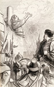 Thomas Hawkes quemado en la hoguera durante las Persecuciones Marianas, c.1865