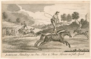 Thomas Johnson de pie sobre uno, dos y tres caballos a toda velocidad de English School