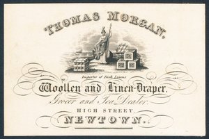 Thomas Morgan, pañero y mercero de lino, tendero y comerciante de té, tarjeta comercial de English School