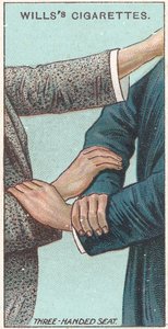 Asiento de tres manos, no.21 de la serie de primeros auxilios de las tarjetas de cigarrillos de Willss, 1913