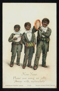 Tres niños negros tocando instrumentos musicales, tarjeta de felicitación de Año Nuevo de English School
