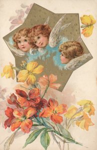 Tres querubines en una imagen decorada con flores de English School