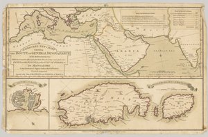 Tres mapas impresos en color: Nuevo Mapa de Fairburn que muestra la ruta del General Bonaparte en el Mar Mediterráneo, 1798 de English School