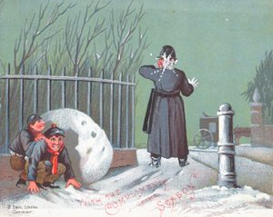 Lanzando bolas de nieve a un policía, tarjeta de Navidad
