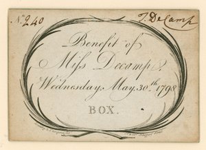 Entrada para el Teatro Drury Lane, Londres: Beneficio de la Srta. Decamp, 30 de mayo de 1798