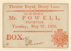 Entrada para el Teatro Drury Lane, Londres: Para el Beneficio del Sr. Powell, apuntador, 27 de mayo de 1806 de English School