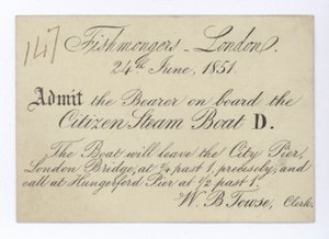 Entrada para que los pescaderos de Londres hagan un viaje en barco en el Citizen Steam Boat, 24 de junio de 1851 de English School