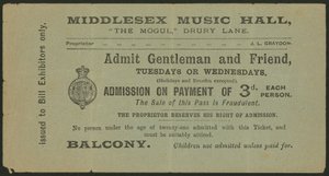 Entrada para el Middlesex Music Hall, The Mogul, Drury Lane, Londres de English School