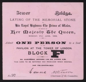 Entrada para la colocación de la piedra conmemorativa en Tower Bridge, Londres, 21 de junio de 1886