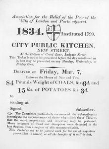 Boleto emitido a los pobres para recibir carbón y papas de la Cocina Pública de la Ciudad, New Street, Londres, 1834 de English School