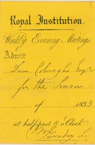 Ticket de admisión a la Royal Institution, Albemarle Street, Londres, para una conferencia de Michael Faraday
