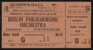 Entrada para un concierto de la Orquesta Filarmónica de Berlín, Queens Hall, Londres, viernes 27 de enero de 1928