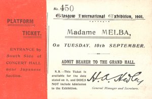 Entrada para escuchar a Nellie Melba en la Exposición Internacional de Glasgow, 1901