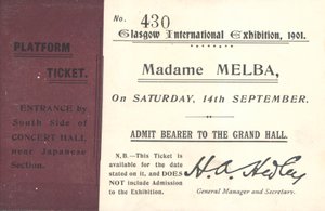 Entrada para escuchar a Nellie Melba en la Exposición Internacional de Glasgow, 1901