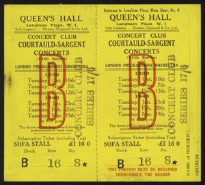 Entrada para los conciertos Courtauld-Sargent, Queens Hall, Langham Place, Londres, 1939-1940 de English School