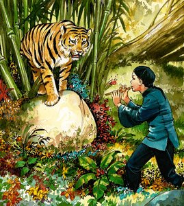 Tigre siendo tocado con la flauta